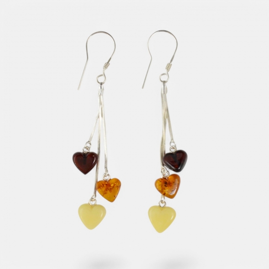 Heart amber earrings long silver 925